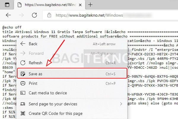 Menyimpan file batch aktivator Windows 11